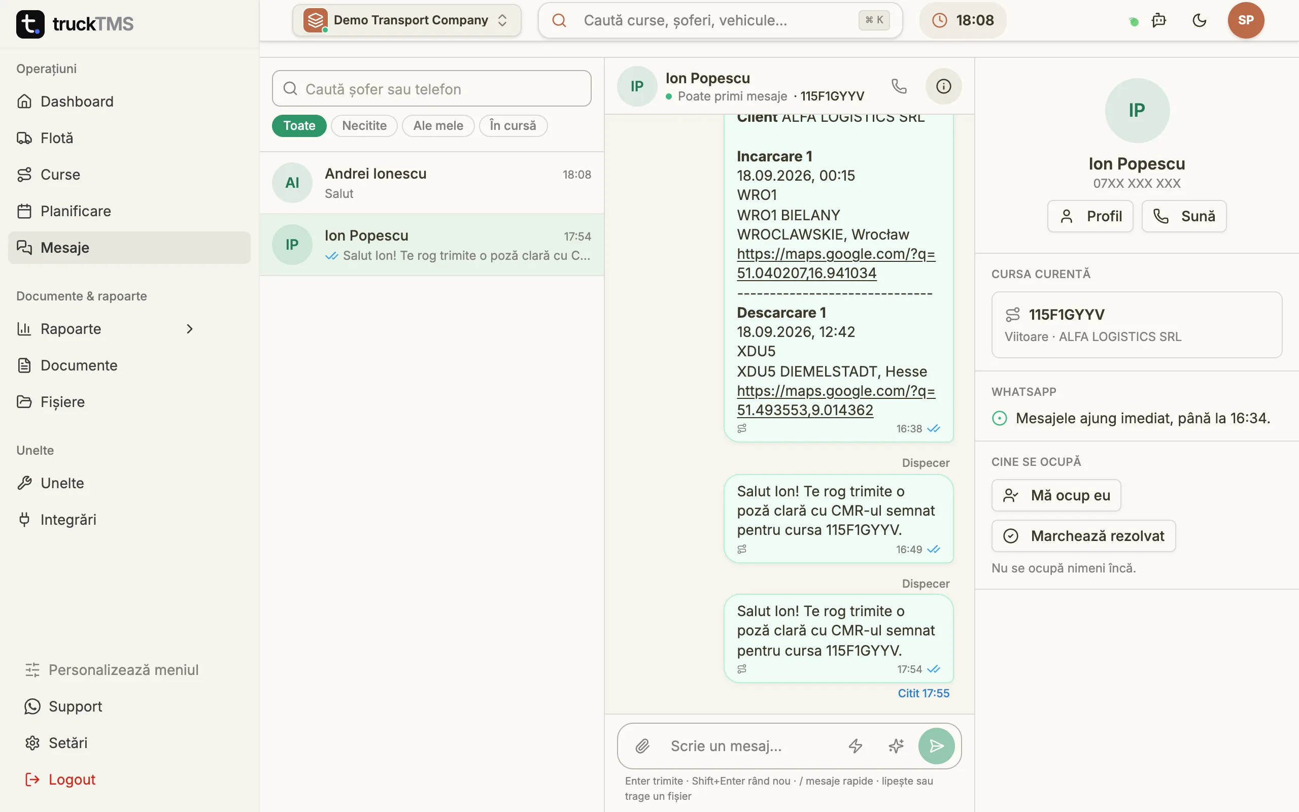 Integrare WhatsApp cu TMS: vorbește cu șoferii direct din truckTMS