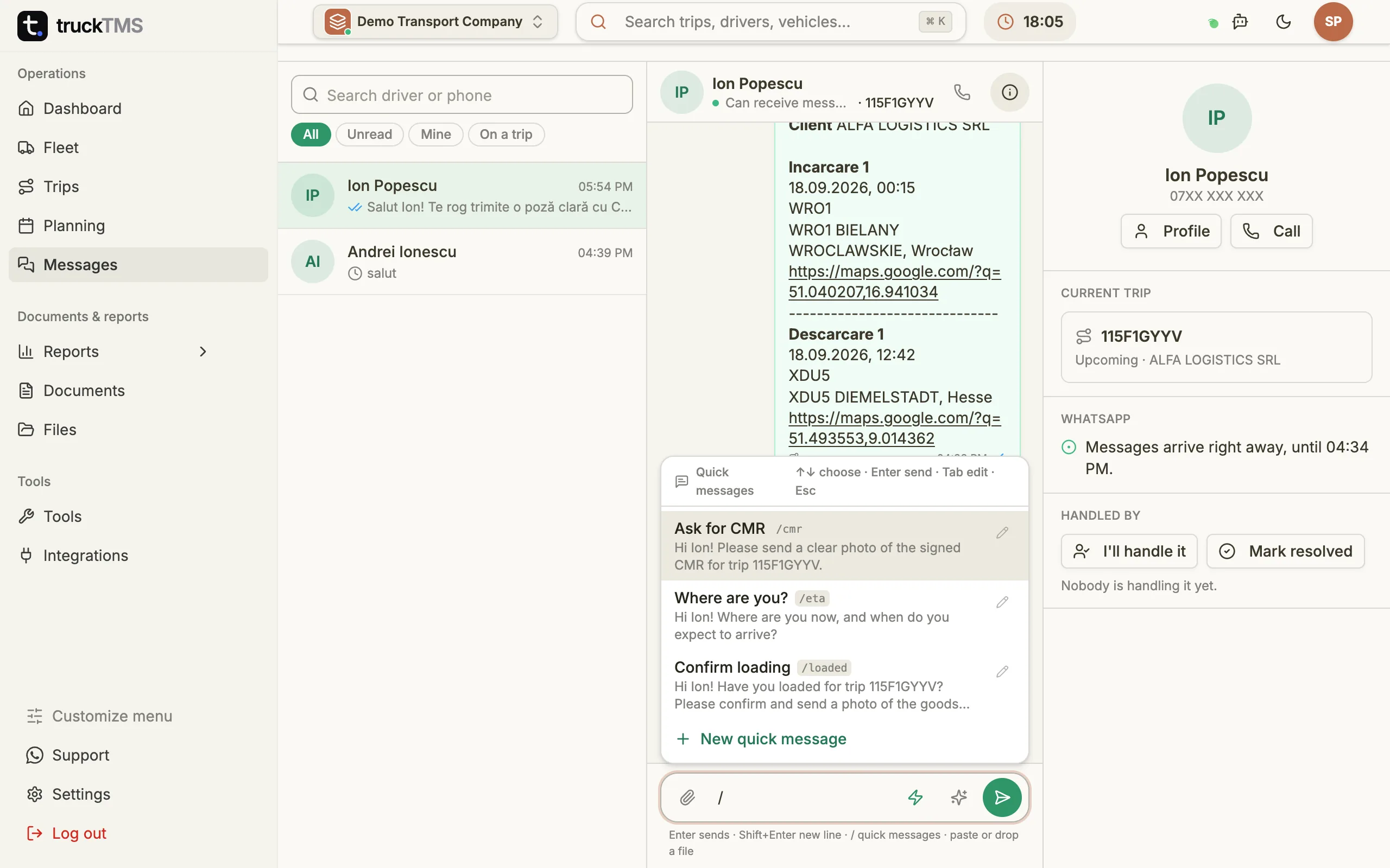 Liste der Schnellnachrichten im truckTMS-Chat mit Kürzeln wie /cmr