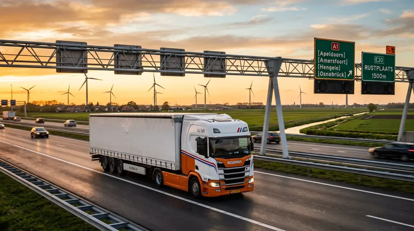 Camioane moderne pe o autostradă europeană, simbolizând noile standarde de emisii Euro 7. (Sursă: Stiri transport ‣ 2026 transportatori si logistica ‣ Romania - Tractionisti!)